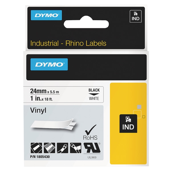 Dymo Rhino Permanent Vinyl Industrial Label Tape, 1" x 18 ft, White/Black Print 1805430 - main